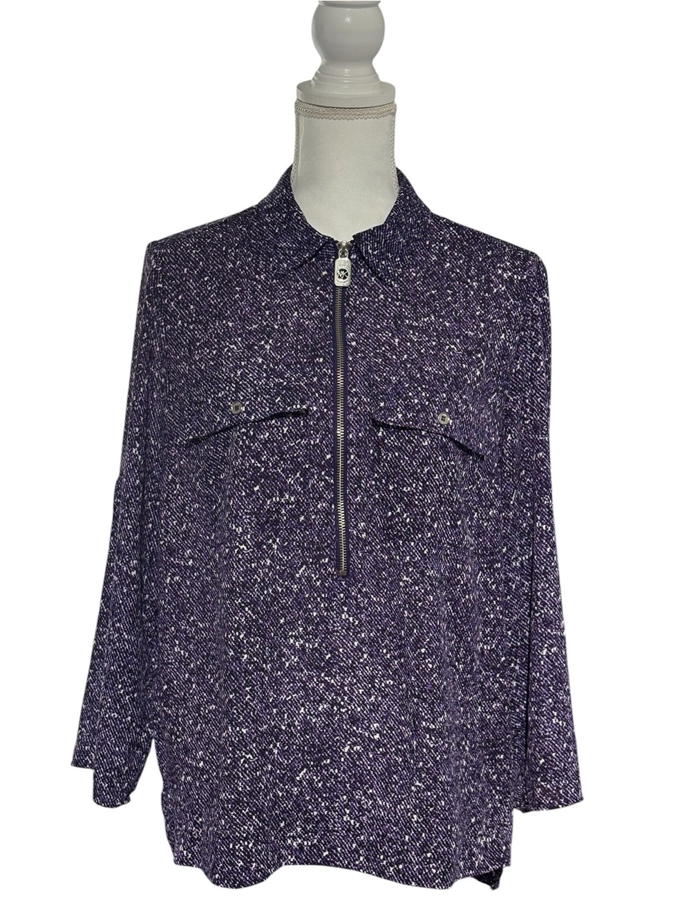 Michael Kors Purple Abstract Print Zip Front Blouse Medium